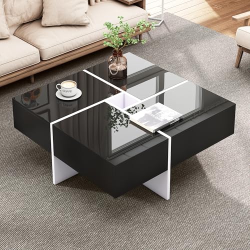 Refined Eleganter Hochglanz-Couchtisch 70 * 70 * 35 cm, schwarz-weißes Design, eingebautes Staufach und 4 robuste Schubladen, maximale Belastbarkeit 30 kg, quadratischer Hochglanz-Couchtisch von Refined