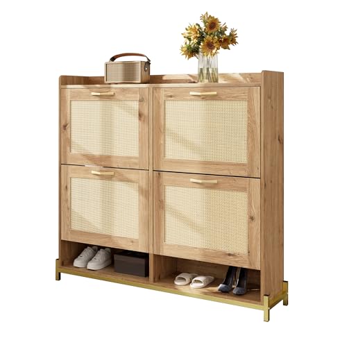 Refined Eleganter Schuhschrank aus Holz mit Rattantüren 4 Türen Metallrahmen und oberes Regal für stilvolle und übersichtliche Aufbewahrung Refined Eleganter Schuhschrank aus Holz mit Rattantüren 4 Türen Metallrahmen und oberes Regal für stilvolle und übersichtliche Aufbewahrung von Refined