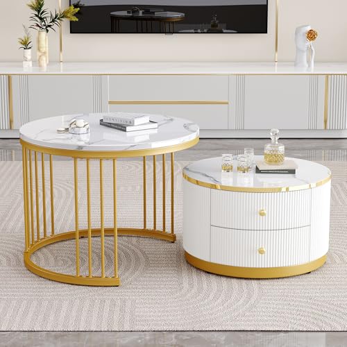 Refined Elegantes 2-teiliges, weißes Couchtisch-Set in Nestform, 60*60*45.5cm & 50*50*32cm, runde Tische mit hochglänzender Marmoroptik, 2 Schubladen, bis 30kg belastbar,Nesting-Kombination Couchtisch Refined Elegantes 2-teiliges, weißes Couchtisch-Set in Nestform, 60*60*45.5cm & 50*50*32cm, runde Tische mit hochglänzender Marmoroptik, 2 Schubladen, bis 30kg belastbar,Nesting-Kombination Couchtisch von Refined