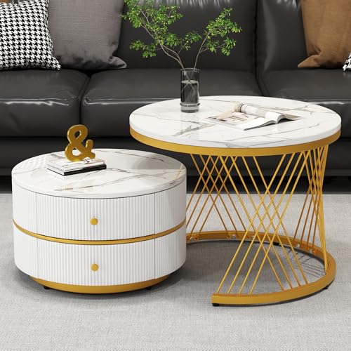 Refined Elegantes 2-teiliges, weißes Couchtisch-Set in Nestform, 60*60*46cm & 50*50*30.8cm, runde Tische mit hochglänzender Marmoroptik, 2 Schubladen, bis 30kg belastbar,Nesting-Kombination Couchtisch Refined Elegantes 2-teiliges, weißes Couchtisch-Set in Nestform, 60*60*46cm & 50*50*30.8cm, runde Tische mit hochglänzender Marmoroptik, 2 Schubladen, bis 30kg belastbar,Nesting-Kombination Couchtisch von Refined