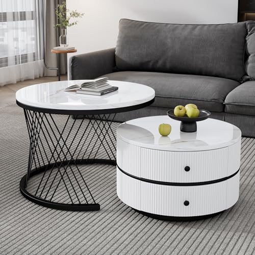 Refined Elegantes 2-teiliges, weißes Couchtisch-Set in Nestform, 60*60*46cm & 50*50*31cm, runde Tische mit hochglänzender Marmoroptik, 2 Schubladen, bis 30kg belastbar,Nesting-Kombination Couchtisch Refined Elegantes 2-teiliges, weißes Couchtisch-Set in Nestform, 60*60*46cm & 50*50*31cm, runde Tische mit hochglänzender Marmoroptik, 2 Schubladen, bis 30kg belastbar,Nesting-Kombination Couchtisch von Refined