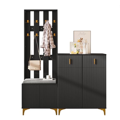 Refined Garderobenset mit Schuhbank und Kissen, Garderobenfront mit Haken, Schuhschrank mit Schubladen und Türen [Old SKU:WF32579234B] von Refined