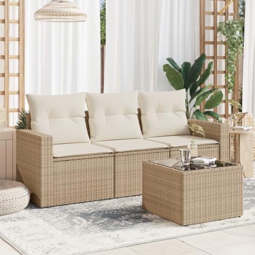 Refined Garten Sofa Garnitur, Gartenmöbel Set mit Kissen, Sitzgruppe für Garten Terrasse, Modular Gartensofa Lounge, Tisch mit Glasplatte (Beige und Creme, Mit Tisch) von Refined