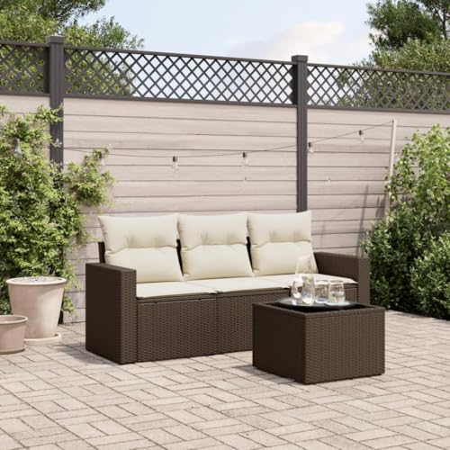 Refined Garten Sofa Garnitur, Gartenmöbel Set mit Kissen, Sitzgruppe für Garten Terrasse, Modular Gartensofa Lounge, Tisch mit Glasplatte (Braun und Creme, Mit Tisch) von Refined