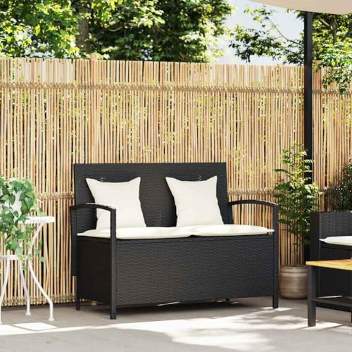 Refined Gartenbank mit Stauraum und Kissen Gartenbank Parkbank Outdoor-Bank Sitzbank Terrassenbank Außenbank Gartenmöbel Schwarz Poly Rattan von Refined