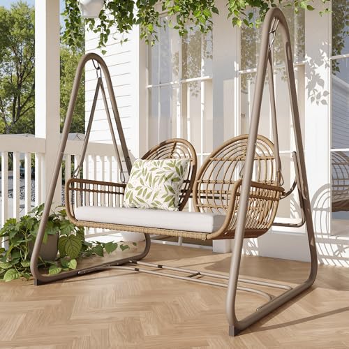 Refined Gartenschaukel Hollywoodschaukel mit Rückenlehne Gartenmöbel-Set für den AußenbereichDoppelschaukel aus PE-Rattan 2 Sitze Brauner Sitzrahmen und beiges Kissen von Refined