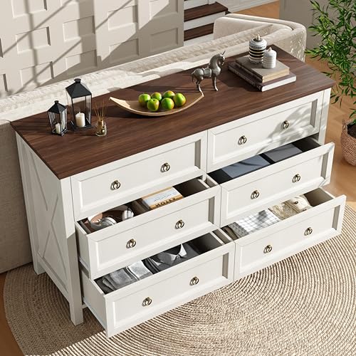 Refined Kommode Weißes Sideboard Esszimmerschrank im Vintage-Stil mit Aluminium-Schubladengriffen Walnussfarbene Arbeitsplatte für Schlafzimmer Wohnzimmer 6 geräumige Schubladen Refined Kommode Weißes Sideboard Esszimmerschrank im Vintage-Stil mit Aluminium-Schubladengriffen Walnussfarbene Arbeitsplatte für Schlafzimmer Wohnzimmer 6 geräumige Schubladen von Refined