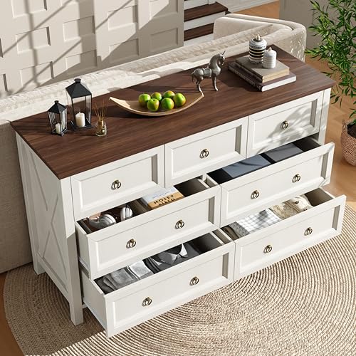 Refined Kommode Weißes Sideboard Esszimmerschrank im Vintage-Stil mit Aluminium-Schubladengriffen Walnussfarbene Arbeitsplatte für Schlafzimmer Wohnzimmer 7 geräumige Schubladen Refined Kommode Weißes Sideboard Esszimmerschrank im Vintage-Stil mit Aluminium-Schubladengriffen Walnussfarbene Arbeitsplatte für Schlafzimmer Wohnzimmer 7 geräumige Schubladen von Refined