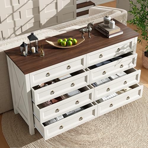 Refined Kommode Weißes Sideboard Esszimmerschrank im Vintage-Stil mit Aluminium-Schubladengriffen Walnussfarbene Arbeitsplatte für Schlafzimmer Wohnzimmer 8 geräumige Schubladen Refined Kommode Weißes Sideboard Esszimmerschrank im Vintage-Stil mit Aluminium-Schubladengriffen Walnussfarbene Arbeitsplatte für Schlafzimmer Wohnzimmer 8 geräumige Schubladen von Refined