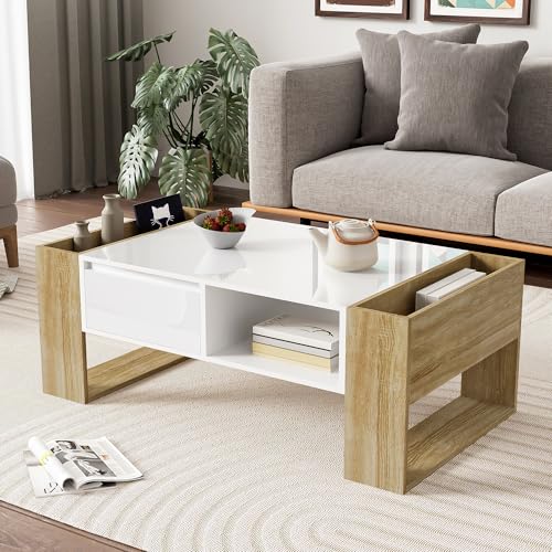 Refined Moderner Couchtisch 105 x 60 x 40 cm - teilweise Hochglanz mit Schubladen und offenen Fächern von Refined