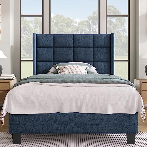Refined Modernes Design Polsterbett Mit seinem gepolstertes Kopfteil Einzelbett mit Lattenrost, 90x200cm,in Blau Leinen, mittelfest (Ohne Matratze) von Refined