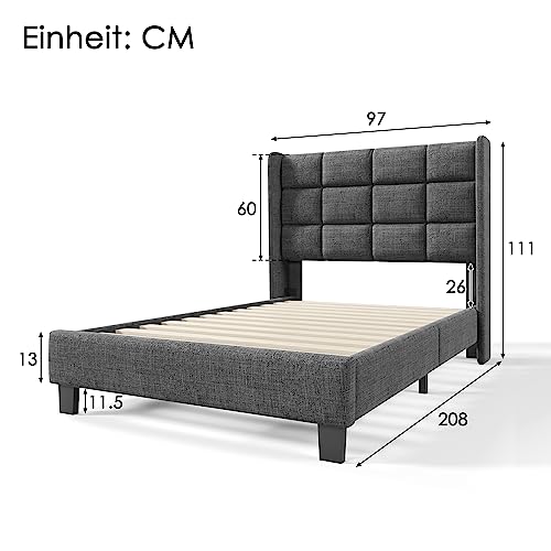 Refined Modernes Design Polsterbett Mit seinem gepolstertes Kopfteil Einzelbett mit Lattenrost, 90x200cm,in Grau Leinen, mittelfest (Ohne Matratze) von Refined
