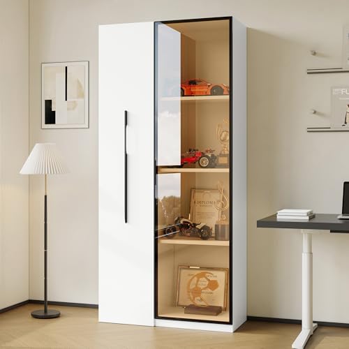 Refined Multifunktionsschrank 160 cm hoch Bücherregal und Vitrine mit Türen aus gehärtetem Glas Türrahmen aus Aluminium 1 Tür 1 seitliche Schublade mit Rollen und Esszimmersch von Refined