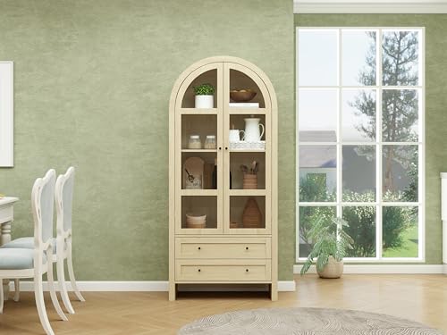 Refined Naturfarbener Holz-Aufbewahrungsschrank mit transparenten Acrylglastüren, bogenförmiger multifunktionaler Hochschrank mit Zwei Schubladen, Maße: 79 × 39,5 × 178 cm. Refined Naturfarbener Holz-Aufbewahrungsschrank mit transparenten Acrylglastüren, bogenförmiger multifunktionaler Hochschrank mit Zwei Schubladen, Maße: 79 × 39,5 × 178 cm. von Refined