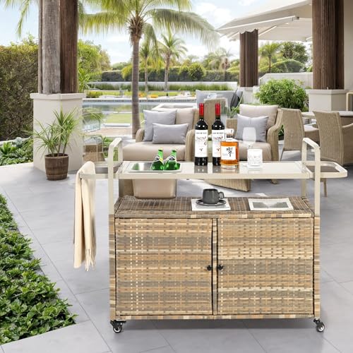Refined Outdoor Bar Table Wicker Cart with Cabinet Patio Serving with Steel Top with one Ice Bucket Lockable Wheels Side Basket for Garden Poolside Backyard Beige von Refined