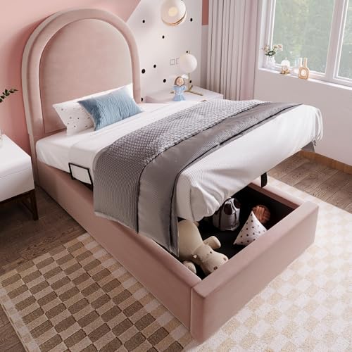 Refined Polsterbett,Einzelbett 90 x 200 cm, Rosa,Samt (Mit Matratze) von Refined