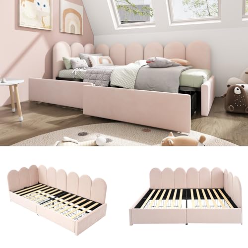Refined Polsterbett Einzelbett mit Schubladen Stauraumbett Samt Daybett Tagesbett Schlafsofa 90x200cm mit Lattenrost Jugendbett und Erwachsene Kinderbett Rosa(Ohne Matratze) von Refined