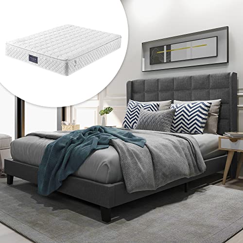 Refined Polsterbett Mit seinem gepolstertes Kopfteil Doppelbett mit Lattenrost 140x200cm in Grau Leinen mittelfest (Mit Federkernmatratze) von Refined