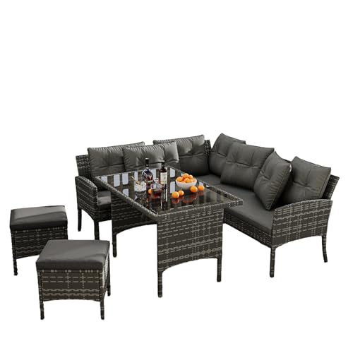 Refined Poly Rattan Sitzgruppe Esstisch Lounge Gartenmöbel Sitzgarnitur Garten-Garnitur Set, Gartenlounge für 7 Personen, mit Sofa, Tisch, Hocker & Kissen, Abnehmbarer und waschbarer Stoffbezug,grau von Refined