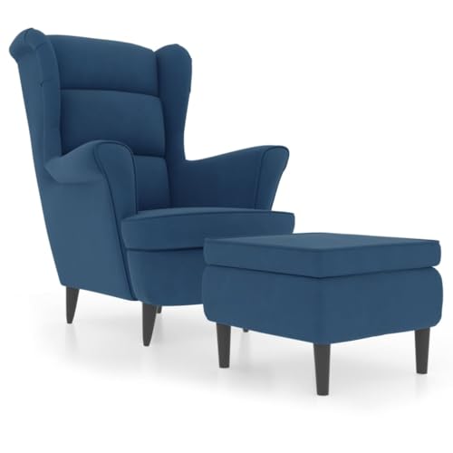 Refined Relaxsessel mit gepolstertem Sitz Armlehnen Fernsehsessel Loungesessel für Wohnzimmer Polstersessel Ruhesessel Ohrensessel mit Hocker Blau Samt von Refined
