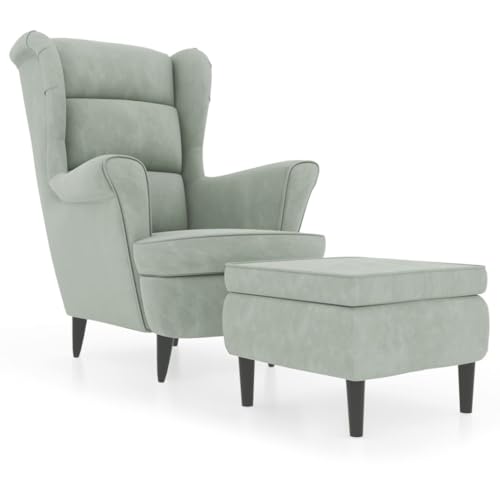 Refined Relaxsessel mit gepolstertem Sitz Armlehnen Fernsehsessel Loungesessel für Wohnzimmer Polstersessel Ruhesessel Ohrensessel mit Hocker Hellgrau Samt von Refined
