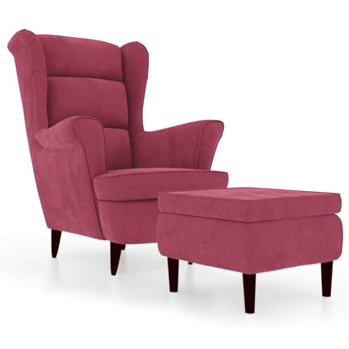 Refined Relaxsessel mit gepolstertem Sitz Armlehnen Fernsehsessel Loungesessel für Wohnzimmer Polstersessel Ruhesessel Ohrensessel mit Hocker Weinrot Samt von Refined