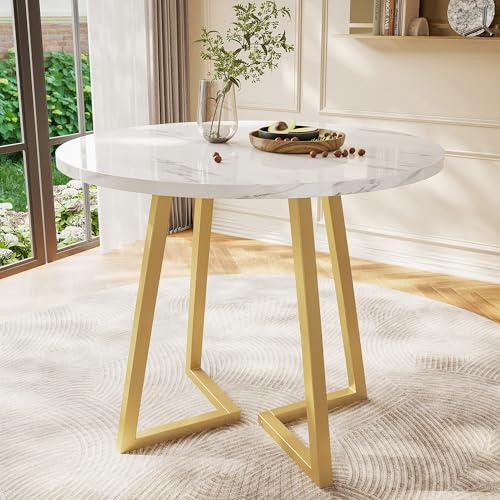Refined Runder Esstisch (1 Stück) Küchentisch einzigartiges Metallgestell Esstisch aus modernem Marmormuster geeignet für Esszimmer Wohnzimmer Weiß/Gold von Refined