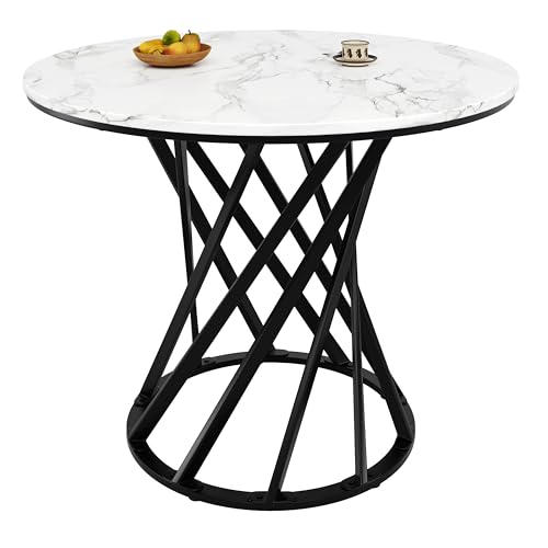 Refined Runder Esstisch (80×80×76cm) Küchentisch Runder Kaffeetisch für 4geeignet für Esszimmer WohnzimmerTischbeine aus MetallMDF marmorierte Tischplatte Schwarze Tischbeine von Refined
