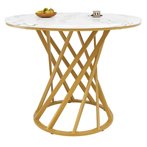 Refined Runder Esstisch (80×80×76cm) Küchentisch Runder Kaffeetisch für 4geeignet für Esszimmer WohnzimmerTischbeine aus MetallMDF marmorierte Tischplatte goldene Beine von Refined