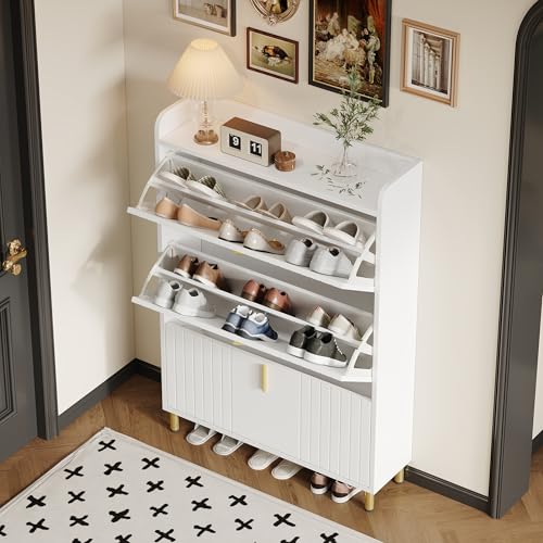 Refined Schuhschrank mit 3 Klappen, Schuhregal Schuhkipper Schmal, mit 6 Fächern, Schuhschrank Weiss, Verstellbar, 80 * 23.5 * 123.5cm von Refined