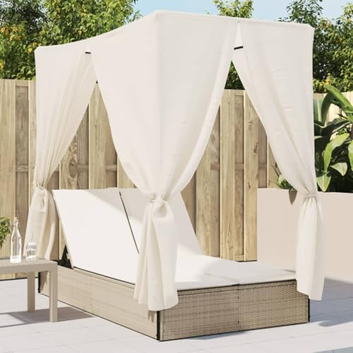 Refined Sonnenliege, Doppelliege mit Dach Vorhängen, Gartenliege Verstellbare Rückenlehne, Relaxliege Liege Gartenmöbel, Poly Rattan (Beige und Creme) von Refined