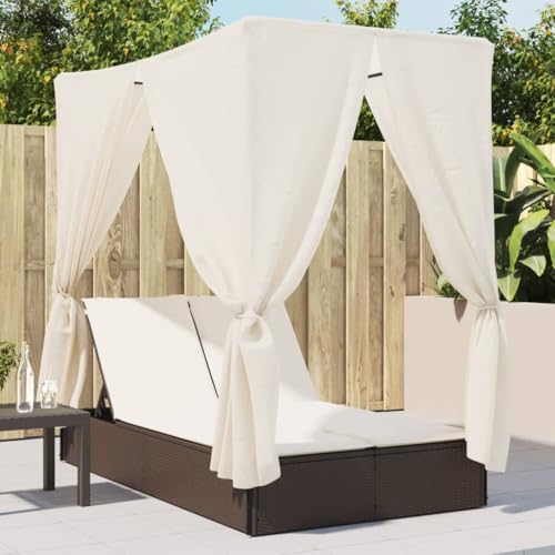 Refined Sonnenliege, Doppelliege mit Dach Vorhängen, Gartenliege Verstellbare Rückenlehne, Relaxliege Liege Gartenmöbel, Poly Rattan (Braun) von Refined