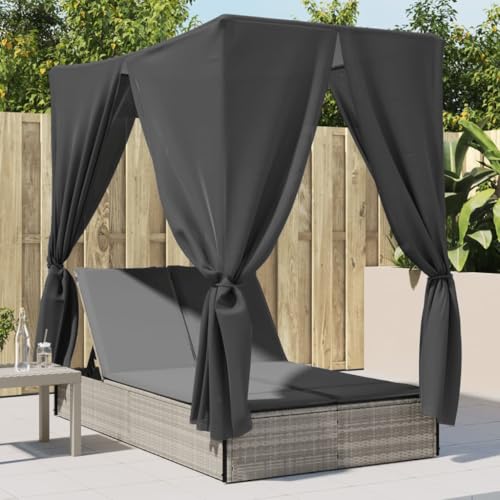 Refined Sonnenliege, Doppelliege mit Dach Vorhängen, Gartenliege Verstellbare Rückenlehne, Relaxliege Liege Gartenmöbel, Poly Rattan (Hellgrau) von Refined