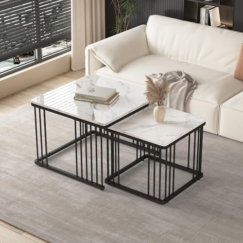 Refined Stilvolles 2-teiliges Couchtisch-Set, quadratische Tische in 60 * 60 * 45cm & 45 * 45 * 40cm, hochglänzende Marmoroptik, höhenverstellbare Füße, bis 30kg belastbar,Hochglanz-Kombi-Couchtisch von Refined
