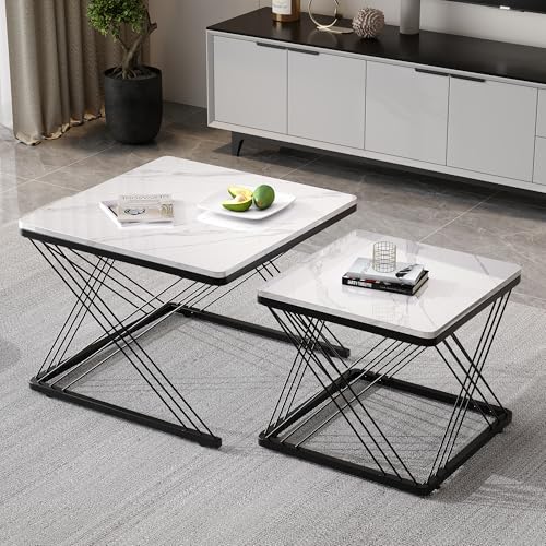 Refined Stilvolles 2-teiliges Couchtisch-Set, quadratische Tische in 60 * 60 * 45cm & 45 * 45 * 40cm, hochglänzende Marmoroptik, höhenverstellbare Füße, bis 30kg belastbar,Hochglanz-Kombi-Couchtisch von Refined