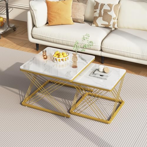 Refined Stilvolles 2-teiliges Couchtisch-Set, quadratische Tische in 60 * 60 * 45cm & 45 * 45 * 40cm, hochglänzende Marmoroptik, höhenverstellbare Füße, bis 30kg belastbar,Hochglanz-Kombi-Couchtisch von Refined