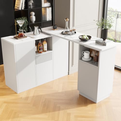 Refined Um 360° drehbarer Bartisch Hauptkörper 198.5 x 30 x 75 cm Schlichtes weißes Design mit offenem Stauraum und Marmor-Arbeitsplatte geeignet von Refined