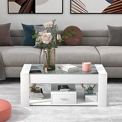 Refined Wohnzimmer Couchtisch mit Glasplatte, Schließfächern und Stauraum, Weiß 100 x 50 x 40cm von Refined