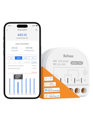 Refoss WLAN und Bluetooth Relais-Schalter mit Strommessung, 16A intelligenter Lichtschalter kompatibel mit Home Assistant, Alexa und Google Home, unterstützt die offene API-Integration, 1 Stück von Refoss