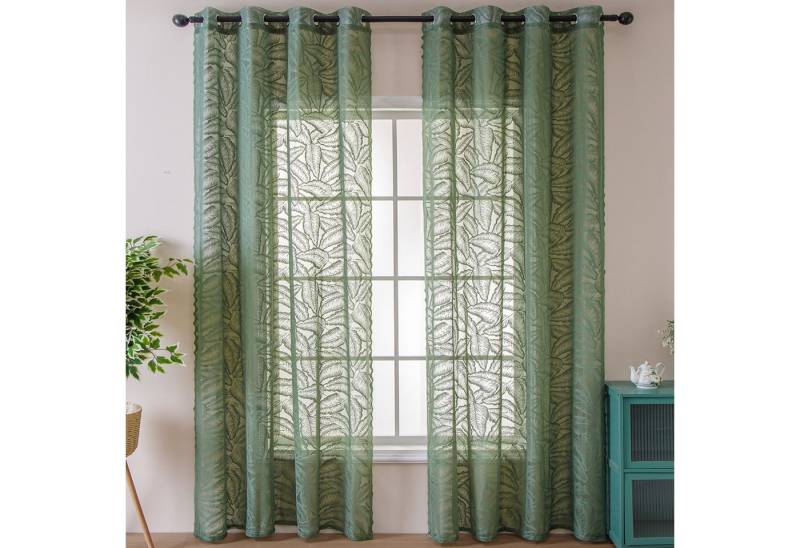 Refttenw Gardine Vorhang Halbtransparent mit Ösen, Olivgrüne Blattmuster Voile Gardinen von Refttenw