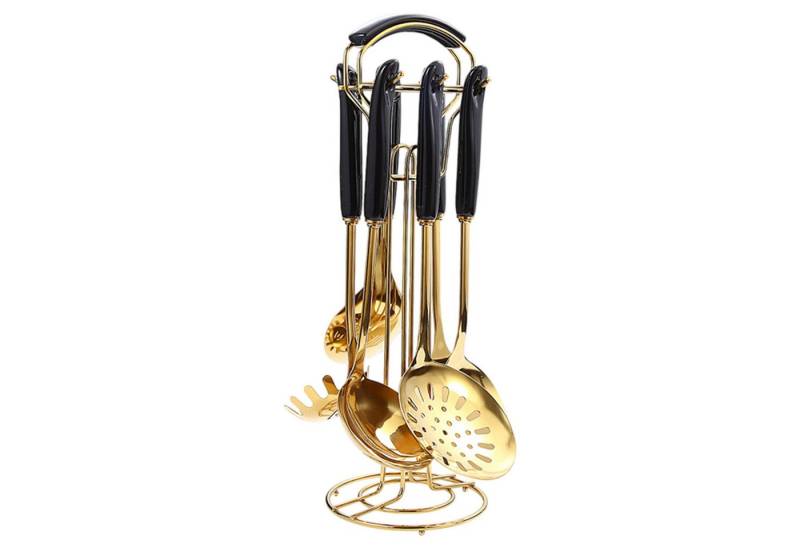 Refttenw Kochbesteck-Set Edelstahl Kochgeschirr-Set mit Ständern (7-tlg., Schaufel/Löffel/Ständer), Spülmaschinenfest, Goldbeschichtung Politur von Refttenw