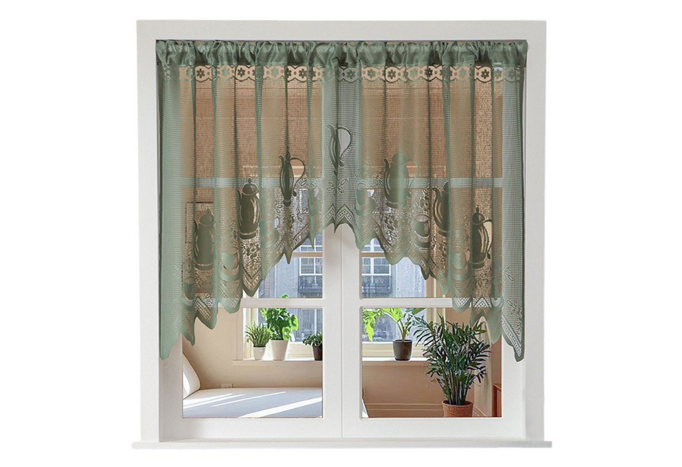 Refttenw Scheibengardine Spitze Kurze Vorhänge Cafe Vorhang mit Stangentasche, Stangendurchzug (1 St), halbtransparent, Teekanne&Tasse Drucken, mit Stangentasche -Grün,150x100cm (BxH) von Refttenw