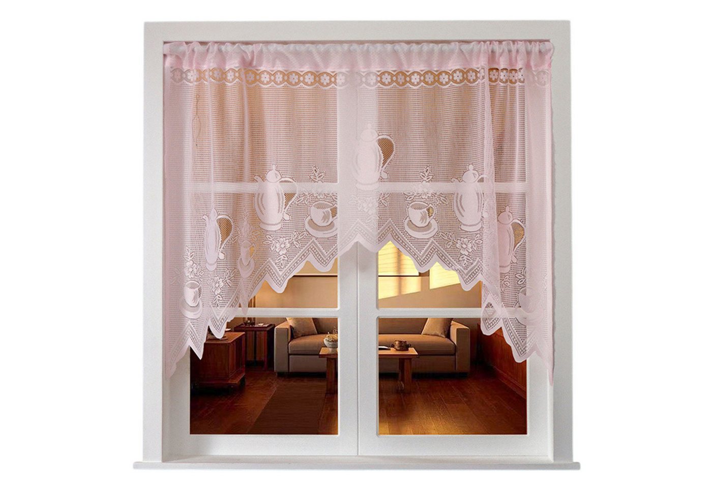 Refttenw Scheibengardine Spitze Kurze Vorhänge Cafe Vorhang mit Stangentasche, Stangendurchzug (1 St), halbtransparent, Teekanne&Tasse Drucken, mit Stangentasche -Rosa,150x100cm (BxH) von Refttenw