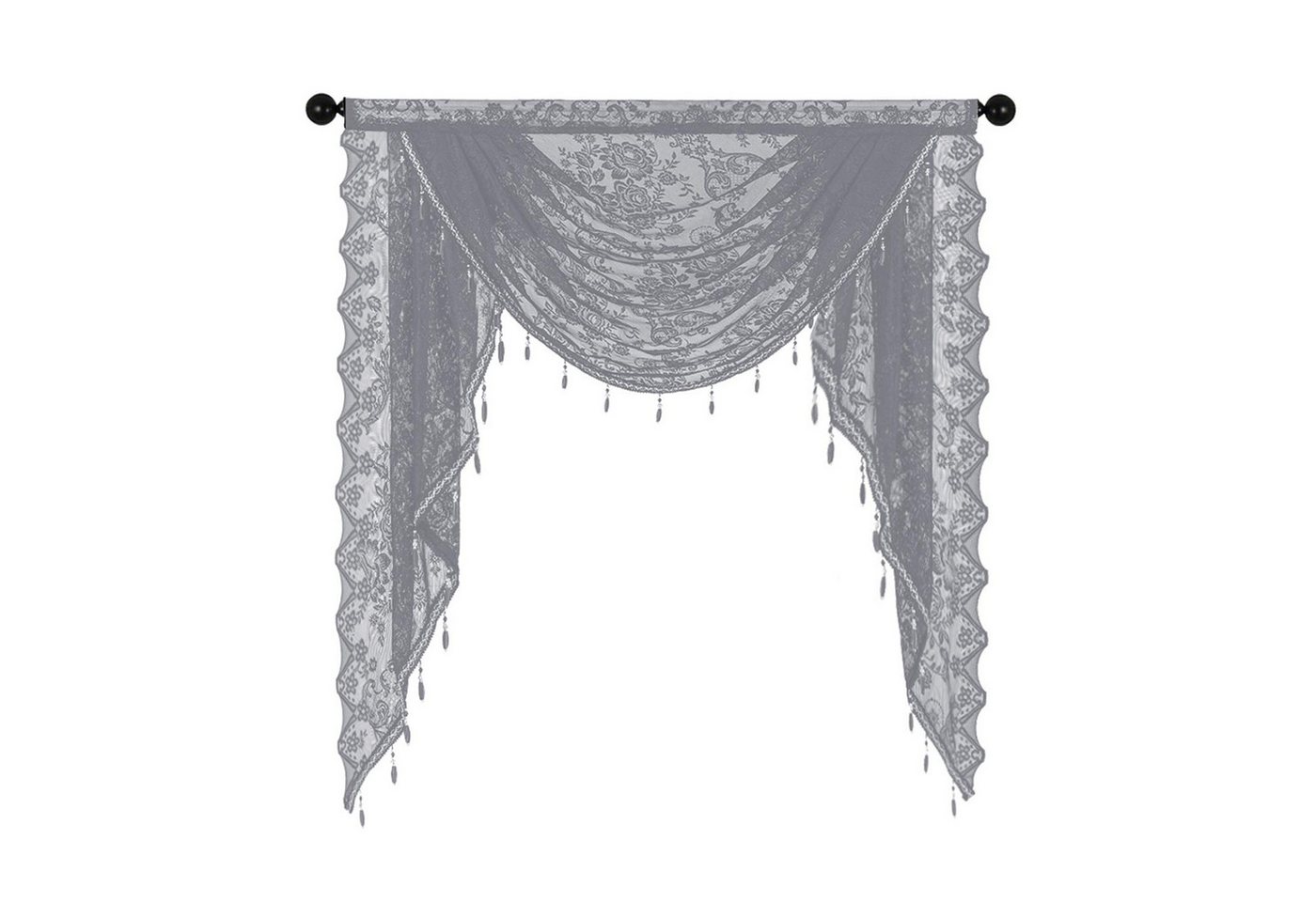 Refttenw Scheibengardine Spitze Wasserfall Fenstervolant mit Perlenquasten, Blumenstickerei, Stangendurchzug (1 St), halbtransparent, Grau, 100 x 105 cm von Refttenw