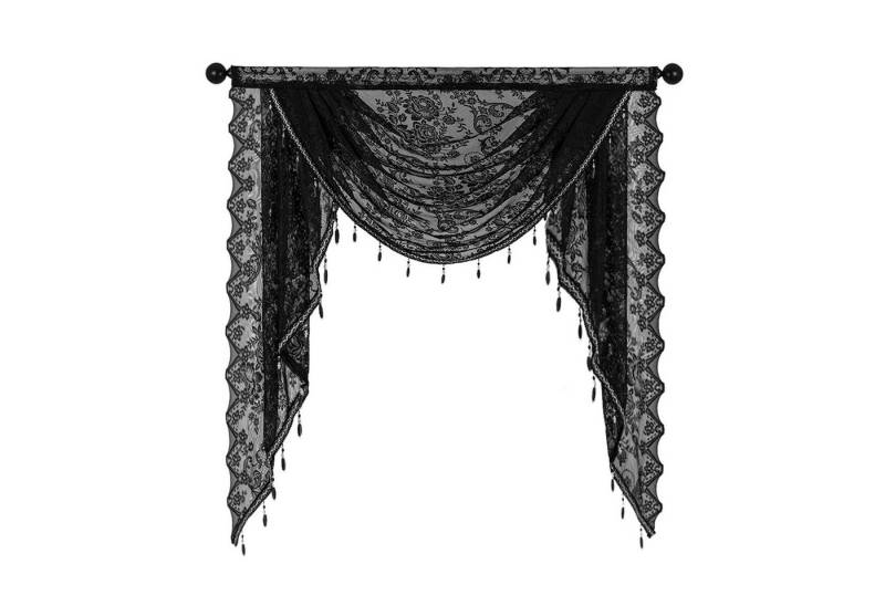 Refttenw Scheibengardine Spitze Wasserfall Fenstervolant mit Perlenquasten, Blumenstickerei, Stangendurchzug (1 St), halbtransparent, Schwarz, 100 x 105 cm von Refttenw
