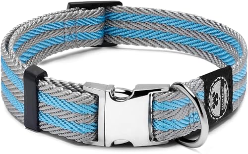 Regal Dog Products Hundehalsband für Kleine, Mittelgroße, Große Hunde (Blau/Grauer Streifen) - mit Metallschnalle und D-Ring - Halsband für Welpen, Mittelgrosse & Grosse Hunde von Regal Dog Products