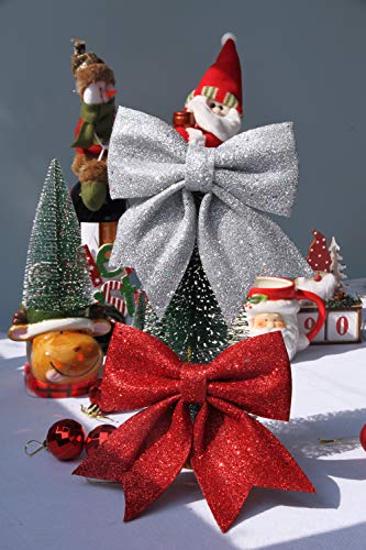 Regendeko 2 Stück Weihnachtsschleifen Glitzer Schleifen Weihnachtsbaum Bogen Schleife Schleifenband Weihnachten (Rot Silber) von Regendeko