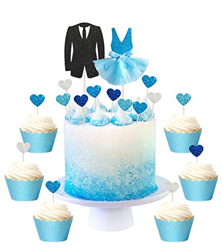 Regendeko Mr & Mrs Abendanzug Hochzeit Valentinstag Jahrestag Kuchendekoration Cake Toppers Tortendeko Cupcake Deko (Blau Herz) von Regendeko