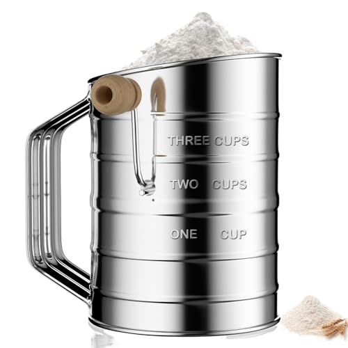Mehlsieb Einhand, Regerly 3-Cup Mehlsieb Edelstahl Doppellagiges Sieb mit Kurbel gestanzte Messung für Backmehl und Eiszucker von Regerly