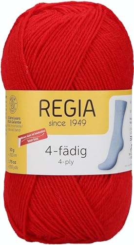 REGIA 4-fädig Uni 9801276-02054 rot Handstrickgarn, Sockengarn, 50g Knäuel von Regia